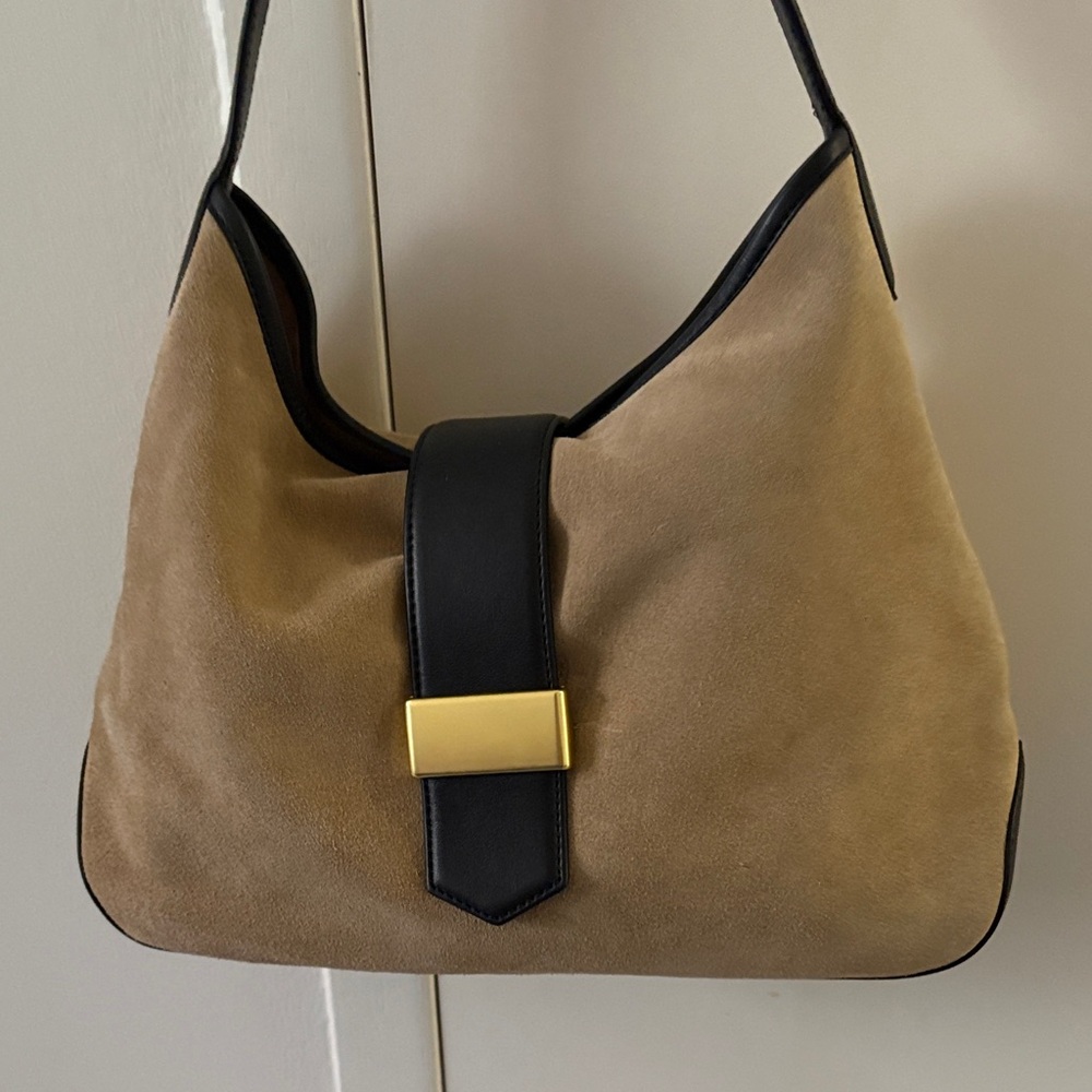 J. Crew Tan Suede Shoulder Bag with Black Trim and Gold Accent